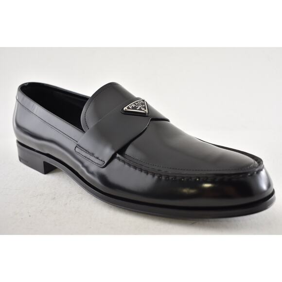 Prada Black Brushed Leather Triangle Logo Classic Loafer SlipOn Flat UK 12 US 13 main image 13